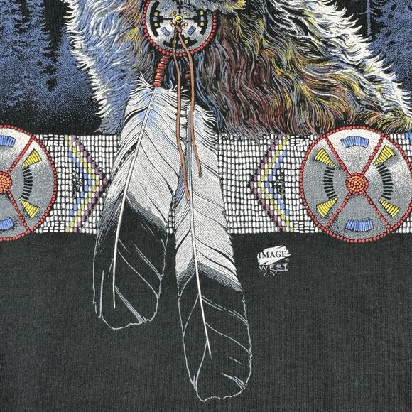 Vintage SS Wolf Native American Tee Shirt Men's XL Black Faded T-Shirt USA 90s - Picture 4 of 11
